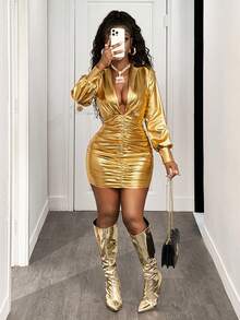 BamGleam Women's Fashionable Sexy Metallic Ruched Bodycon Mini Dress - Gold - View 3