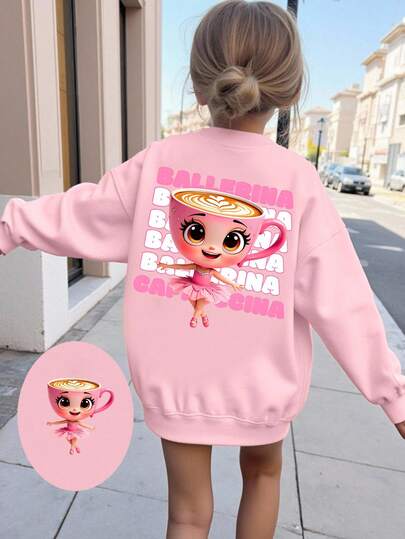 Girls' Casual Cute Cartoon Cup Ballet Girl Heart Graphic Pullover Sweatshirt, Fashionable Creative Design, Suitable For Girls In Autumn/Winter