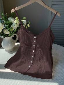 Comfortcana Camiseta de tirantes de talla grande de unicolor de verano con contraste de encaje y botones delanteros - Marrón - Ver 8