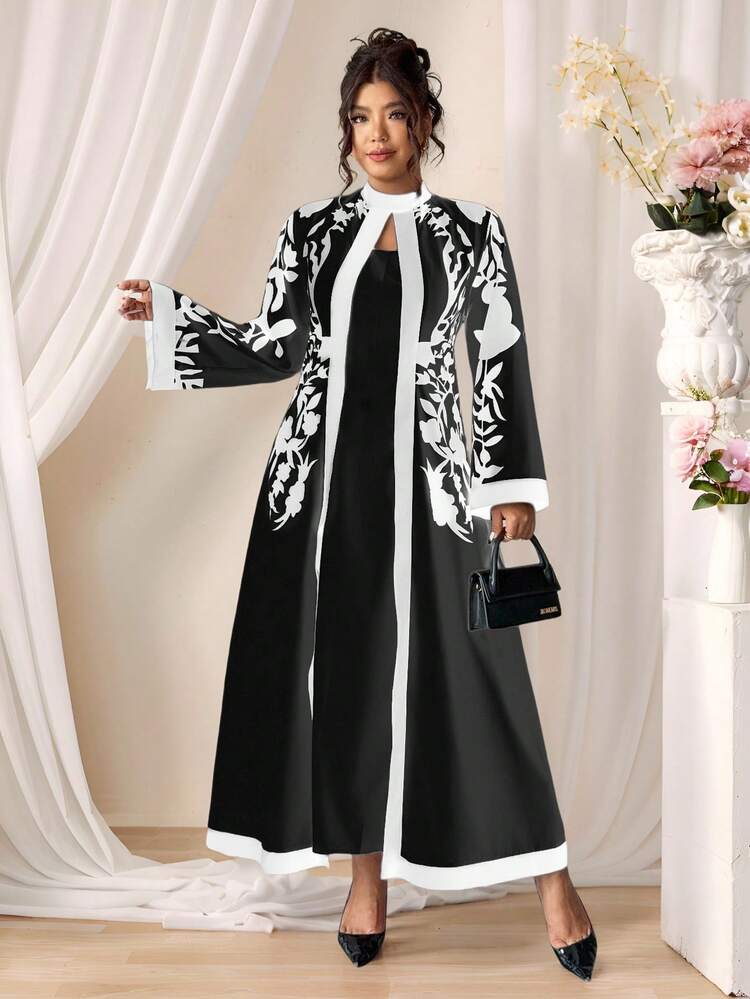 Rometta Plus Size Women's 1-Piece Elegant Vacation Style Printed Mock Neck Flare Sleeve Slim Fit Dress - Multicolor - View 3