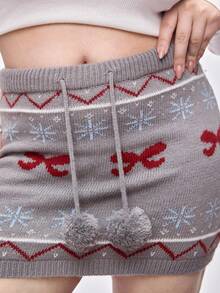 ROMWE Kawaii Falda de punto de línea A con decoración de lazo y pompón de colores para mujer talla grande, otoño/invierno - Gris - Ver 2