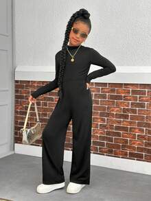 青少年女孩休闲百搭百搭日常穿着高领修身长袖收腰连体裤，秋冬季保暖 - 黑色 - 查看 3