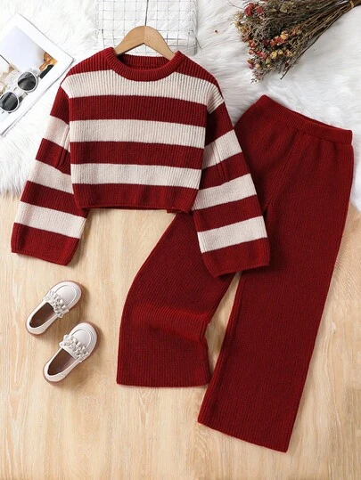 SHEIN 2 st/set för tweenflickor, stickad vinteroutfit, moderiktigt och avslappnat set med svarta och vita randig tröjor och stickade byxor