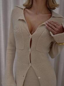 MUSERA Longline Fine Knit Button Down Split Back Cardigan And Mini Skirt Set Cute Classy Casual Streetwear Sexy Going Out Fall Autumn Toffee Evening Party Elegant  Winter  Spring - Apricot - View 8