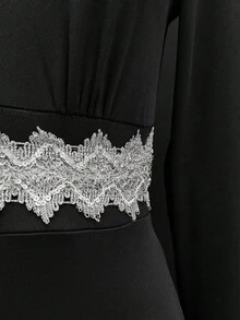 EgrlEra Women's Long Sleeve V-Neck Black Waist Cinched Vintage Silver Sequin Floral Trim Dress, Suitable For Everyday Wear - Black - View 4