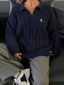 DAZY 女式 V 领粗针织毛衣，刺绣领口设计，宽松版型，秋冬 - 藏蓝色 - 查看 5