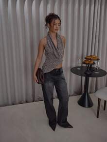 MUSERA 深V不对称下摆针织上衣，街头风可爱优雅休闲性感，适合秋季外出、假日、派对、春夏节日等场合。 - 棕色 - 查看 3