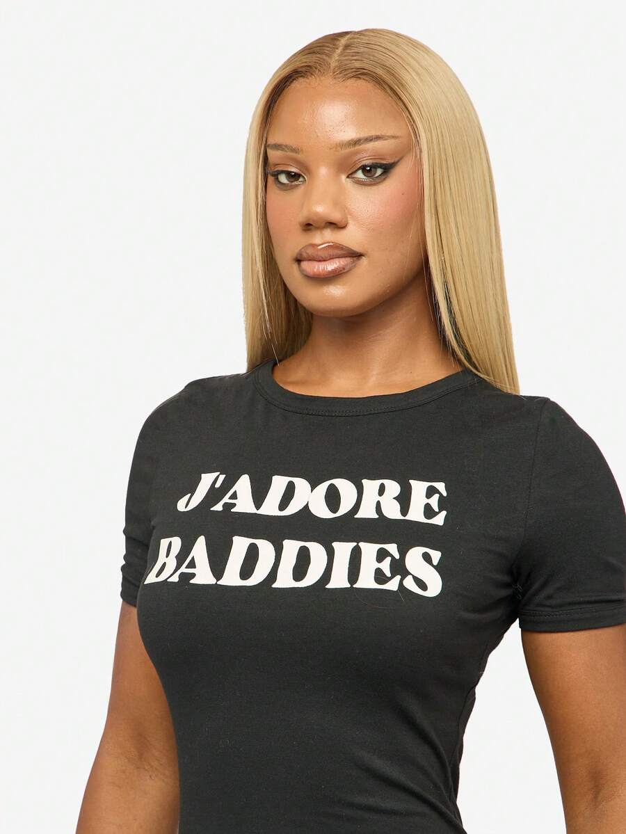 SUMWON WOMEN 棉质女式迷你 T 恤连衣裙 Jadore Baddies 个性印花短袖修身俱乐部之夜派对紧身连衣裙 - 黑色 - 查看 1