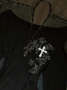 SHEIN EZwear Cross Pattern Autumn New Loose Shoulder Cutout Printed Long Sleeve Sexy Asymmetrical Shoulder Rolled Hem Pullover T-Shirt For WomenIn Fall/Winter - Black - View 4