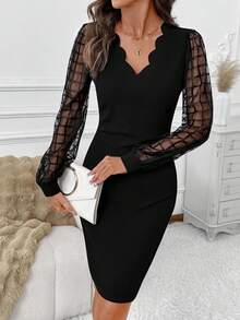 SHEIN Clasi Mesh Patchwork Elegant Commuter Versatile Black Mini Dress With Long Sleeves Fall Clothes For Women Going Out Outfit,Dresses For Women Party