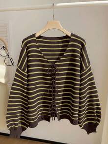 SHEIN EZwear Áo khoác cardigan dáng rộng thắt nơ kẻ sọc thường ngày cỡ lớn cho nữ, mùa thu/đông - màu xanh lá - Xem 1