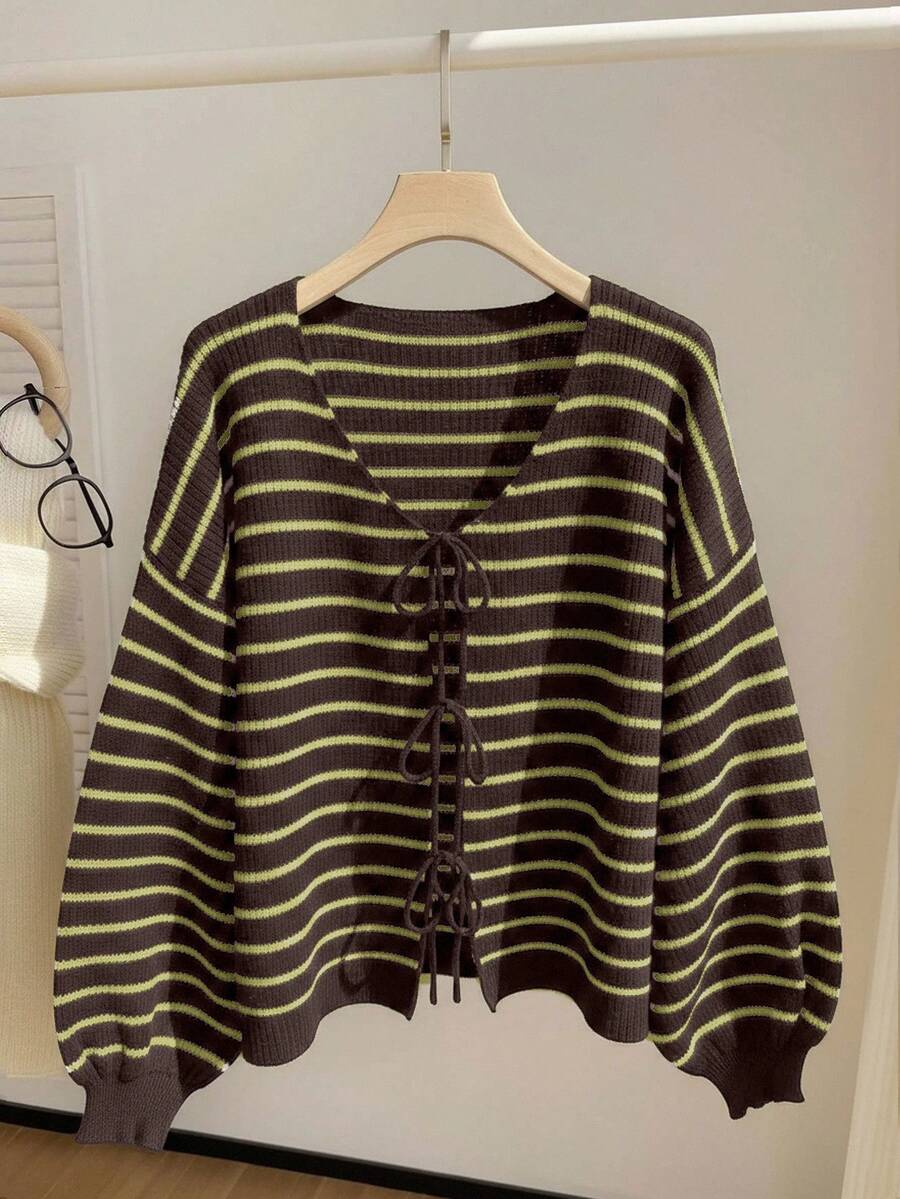 SHEIN EZwear Áo khoác cardigan dáng rộng thắt nơ kẻ sọc thường ngày cỡ lớn cho nữ, mùa thu/đông - màu xanh lá - Xem 1