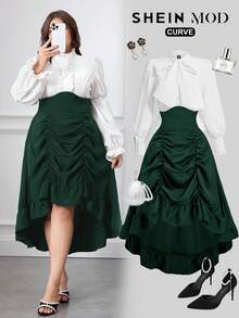 SHEIN MOD Rok Hijau Tua Berpinggang Tinggi Ukuran Besar, Gaun Formal Elegan Musim Gugur dengan Hem Asimetris, Bagian Depan Berlipit, Hem Berumbai yang Dapat Diatur, Desain Bolak-balik, Gaun Retro Vintage - Dark Green - View 3