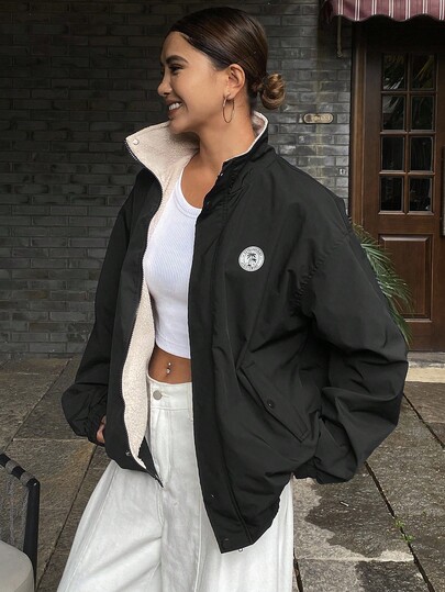 DAZY Chaqueta con cremallera de cuello alto, manga larga y corte holgado con estampado para mujer