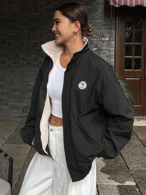 DAZY Chaqueta con cremallera de cuello alto, manga larga y corte holgado con estampado para mujer