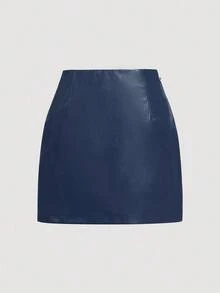 SHEIN MOD 加大码海军蓝侧开衩金属边仿皮A字裙，外出裙，复古裙，秋季服装，性感裙，皮裙 - 藏蓝色 - 查看 2