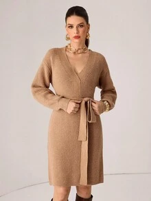 Modelyn Vestido de punto de manga larga con cuello en V y hombros caídos, unicolor, para otoño/invierno - Albaricoque - Ver 4