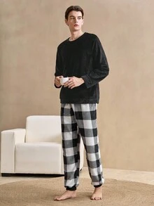 Men 2pcs Set: Solid Long Sleeve Round Neck Top And Plaid Long Pants Loungewear, Fall Winter Clothes, Fluffy Pajama, Cozy - Black - View 4