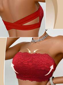 1pc Women Lace Wireless Bandeau Bra - Red - View 4