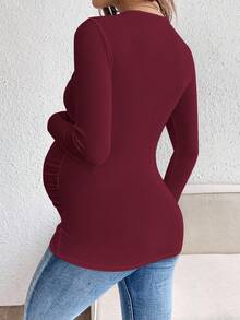 SHEIN Elegant Solid Color Ruffled Neck Fitted Maternity T-Shirt, Autumn Long Sleeve Maternity Top Maternity Tops Pregnancy Shirts Pregnancy Clothes Maternity Shirts For Women - Burgundy - View 2