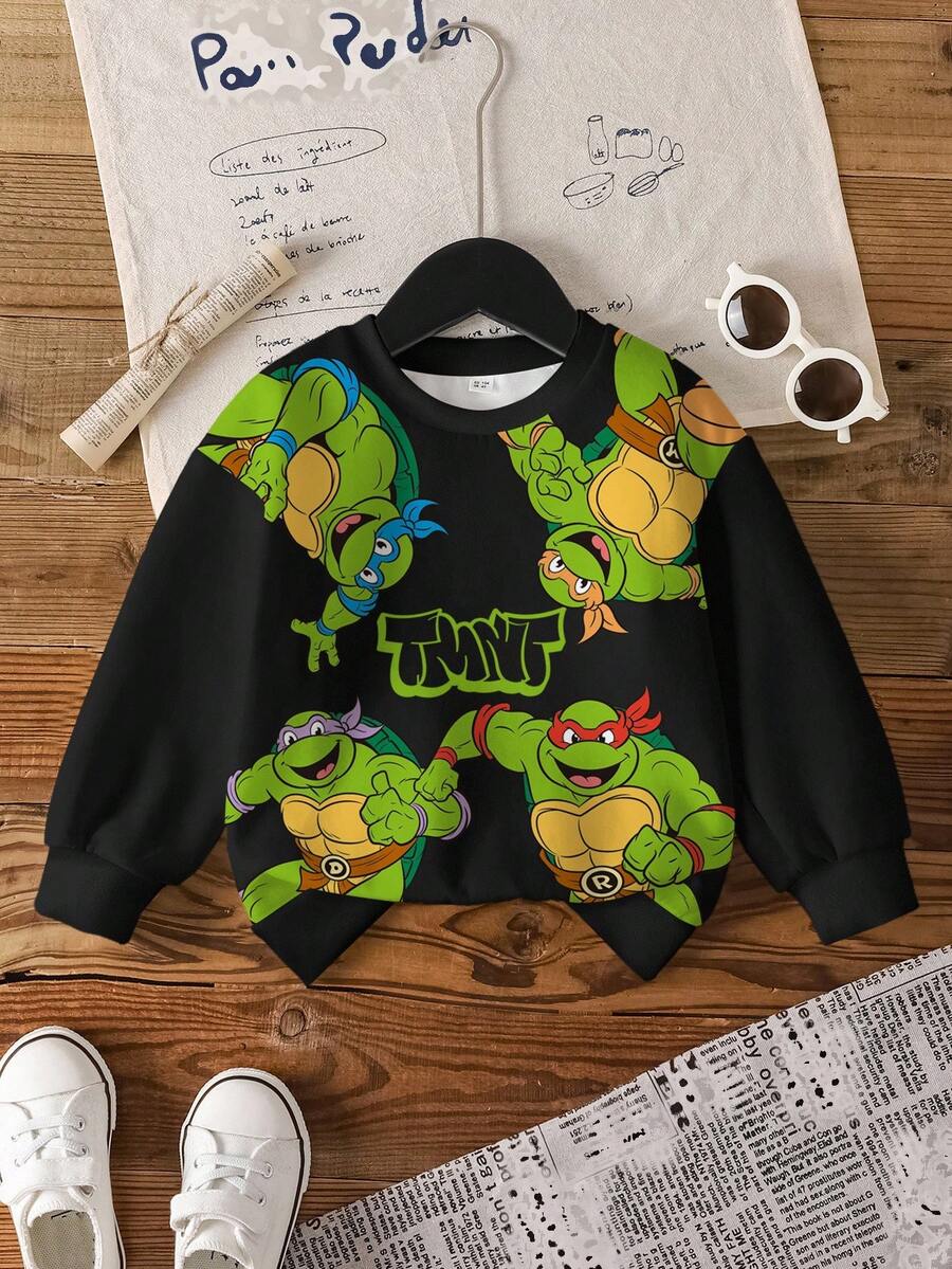 TEENAGE MUTANT NINJA TURTLES | SHEIN 秋季款小男孩休闲龟背印花圆领运动衫 - 白色 - 查看 1