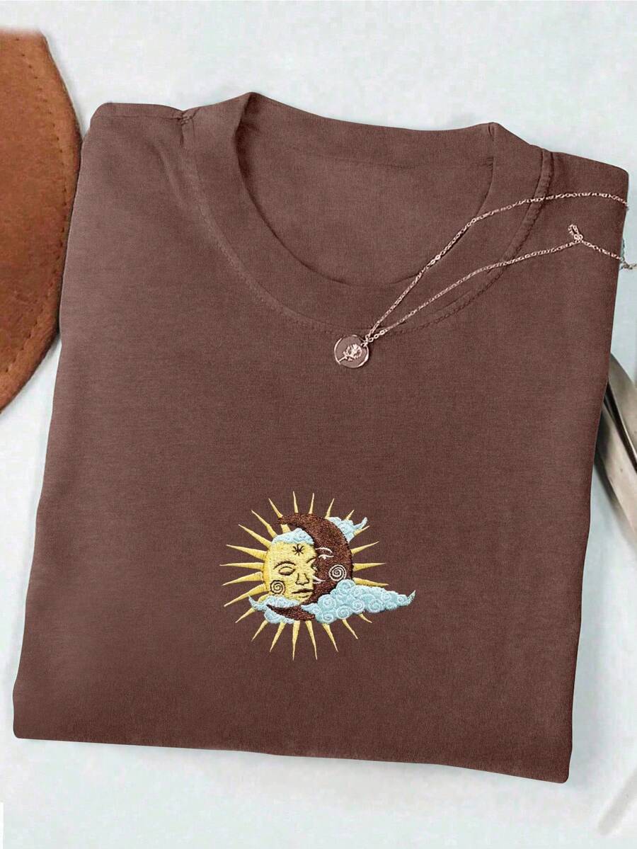INAWLY 太阳和月亮刺绣 T 恤，超大复古波西米亚月亮设计衬衫，送给她/他的礼物 - 咖啡棕 - 查看 1