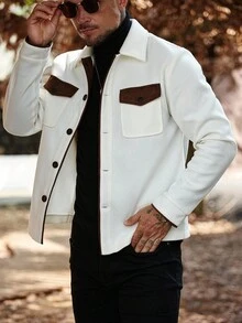 Manfinity Homme Áo khoác nam dài tay thiết kế túi màu tương phản, áo sơ mi nam kiểu Tây màu be thu đông, áo khoác nam cài nút màu kem, áo khoác nam - trắng - Xem 4