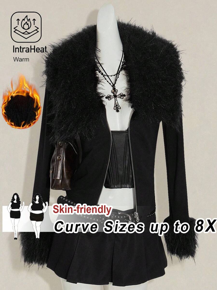 SHEIN CURVE+ Y2k 秋季西部风外出黑色拉链垃圾摇滚音乐会哥特纯色人造毛皮拉链拼布修身长袖夹克 - 黑色 - 查看 1