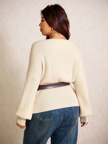 Elaquor Plus Size V-Neck Cinched Waist Cardigan, New Autumn/Winter Design Office Old Money Fall/Winter - Apricot - View 2