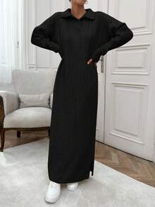 EURMUSE Vestido de suéter largo tipo maxi con cuello de polo y toque suave de hilo cepillado para mujer - Negro - Ver 7