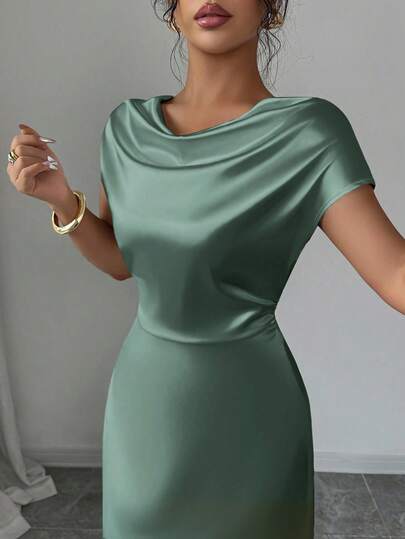 Rafferiza Women's Elegant Date/Commute Turtleneck Tie-Up Satin Short Sleeve Dress