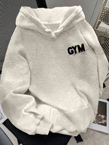 SHEIN 女式字母印花长袖休闲宽松连帽运动衫 - 淺灰色 - 查看 2