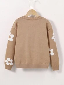 女童毛衣时尚卡其色衣服白色向日葵提花跨境INS新款秋冬女童上衣圆领提花碎花韩版长袖碎花内衬毛衣日常百搭修身毛衣 - 駝色 - 查看 2
