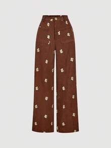 SHEIN MOD 复古70年代灯芯绒刺绣长裤——舒适穿着，秋冬装，Y2K，约会装，学院风，返校装和办公室装 - 鏽棕色 - 查看 5