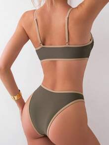 SHEIN Swim Bộ bikini dây đeo spaghetti màu khối Bộ đồ tắm cho bãi biển mùa hè hoặc hồ bơi - xanh quân đội - Xem 4