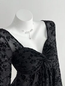 Elamini Camiseta de manga larga con cuello en V, ajustada, con estampado floral y efecto flockado, de estilo sexy y casual, versátil para el otoño - Negro - Ver 3