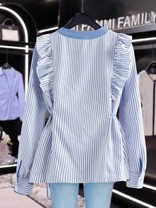 Franclia Fashionable And Versatile Blue And White Striped Colorblock Round Neck Open Cardigan Frill Ruffles Pleated Drawstring Waist Long Sleeve Open Cardigan ShirtAutumn, Winterautumn Fall Clothes For Women Winter Winter Clothes National Day New Year Going Out Tops For Women Graduation Elegant Fashionable Casual Commuting Business Office Daily Leisure All-Match Temperament Urban Teacher Professional Attire