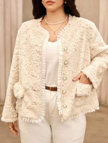 Roveilla Chaqueta de mujer de talla grande con cuello de piel de conejo sintética, perlas falsas y botón de perla de abotonadura sencilla - Albaricoque - Ver 8