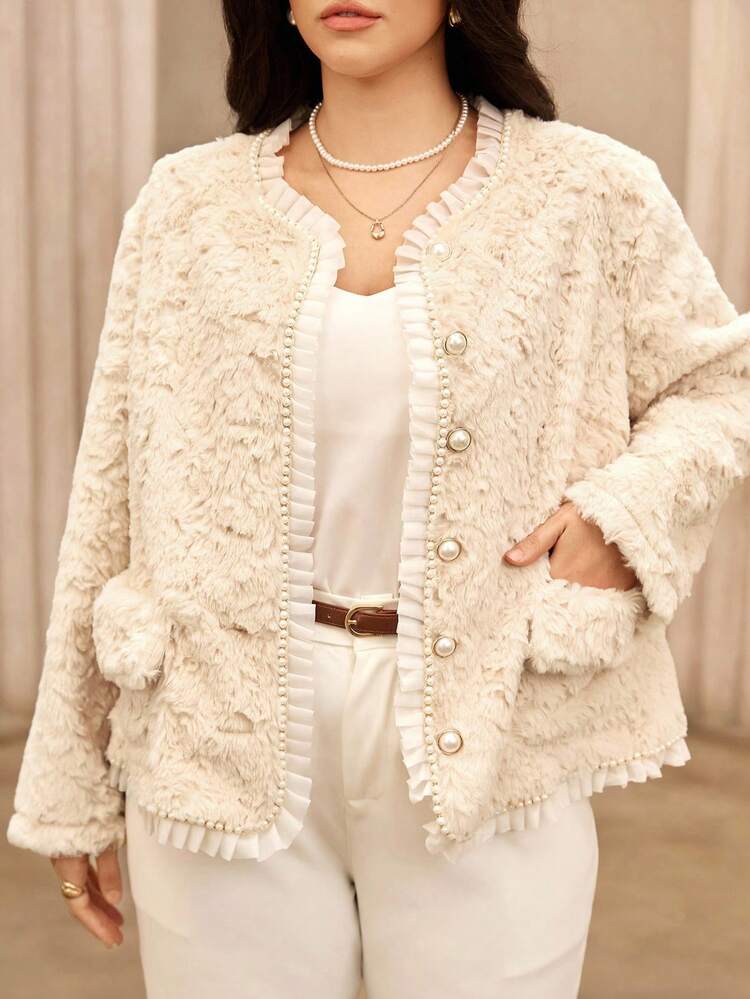 Roveilla Áo khoác nữ cổ tròn đính ngọc trai giả viền lông thỏ cỡ lớn, cài nút ngọc trai đơn hàng khuy - Màu be - Xem 8