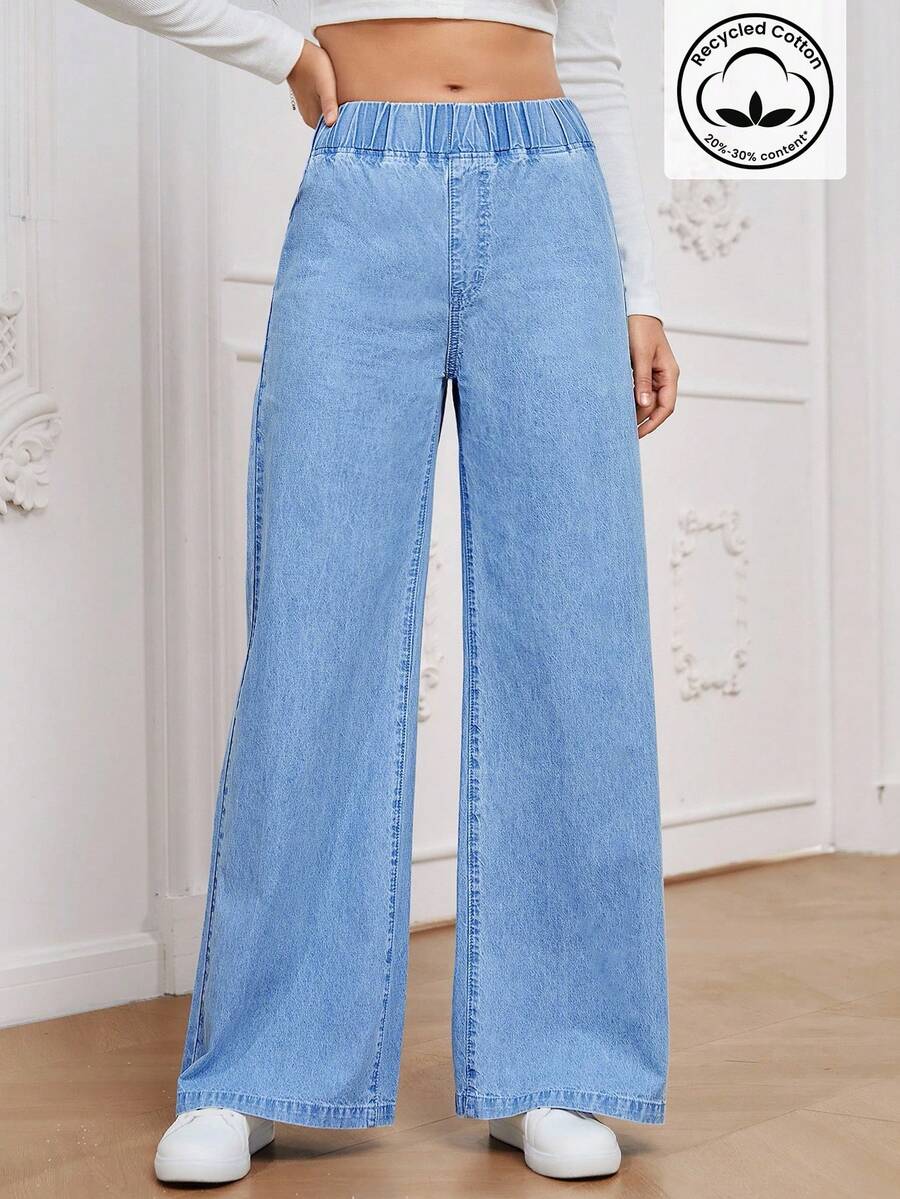 EMERY ROSE Women's All-Match Casual Versatile Elastic Waist Wide Leg Loose Fit Mid-Blue Woven Thin Material Regular Denim Pants - Light Wash - View 1