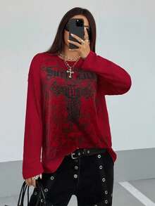 StreetHx 女士哥特印花宽松休闲暗黑街头风圆领薄款长袖T恤，秋冬图案T恤，春季女式上衣 - 酒紅色 - 查看 7