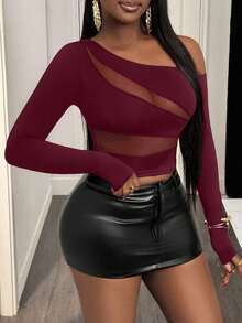 BamGleam Black Off-Shoulder Patchwork Long-Sleeved Sexy T-Shirt In English - Burgundy - View 3