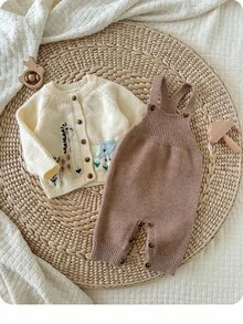 SHEIN 新生儿卡通动物图案纽扣前开衫，休闲日常穿着，秋冬 - 杏色 - 查看 4