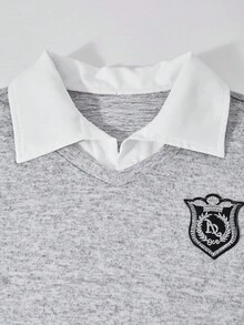 Teenage Girls' College Style Polo Collar 2 In 1 Brushed Ribbed Splice Long Sleeve T-Shirt - Multicolor - View 5