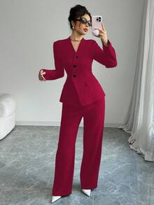 Elenzga Women's Commuter Solid Color V-Neck Slim Fit Single-Breasted Suit Set, Autumn - Burgundy - View 3