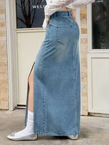 Rivivi 女式口袋开衩时尚性感牛仔长裙 - 藍色 - 查看 3