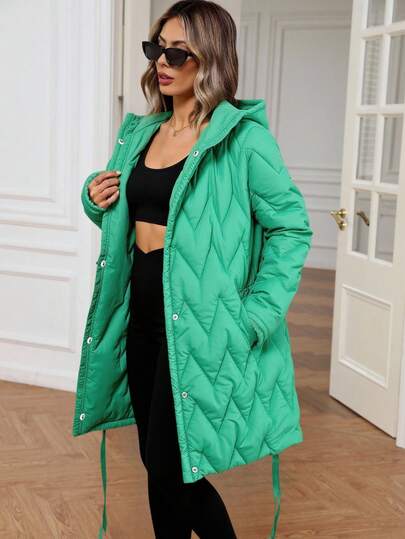 EURMUSE Women Solid Color Padded Style Pocket And Button Detailed Long Winter Coats