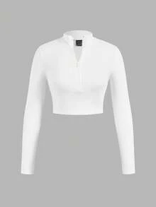 SHEIN EZwear 3pcs Women Zip-Up Ribbed Fabric Mock Neck Long Sleeve T-Shirt Set, Suitable For Spring & Autumn