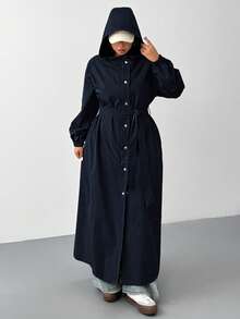SHEIN EZwear 海军蓝加大码连帽防水长款风衣，秋冬 - 藏蓝色 - 查看 4