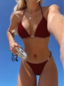 SHEIN Swim Women's Beach Holiday Tie Front Red Bikini Set For Summer Beach Vacation - Burgundy - View 1